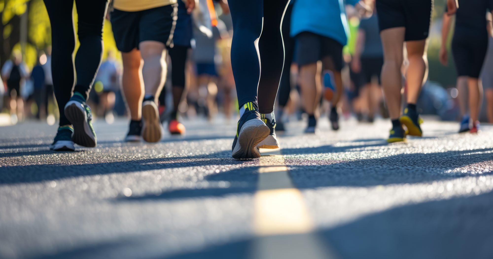 People participate in a walking or running event on a street, with focus on their legs and feet. The image shows various athletic shoes and attire under sunny conditions.